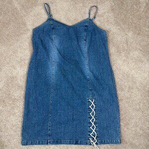 Venezia Jeans Dress Womens 18 Blue Denim Spaghetti Strap Lace Slit Y2K Stretch